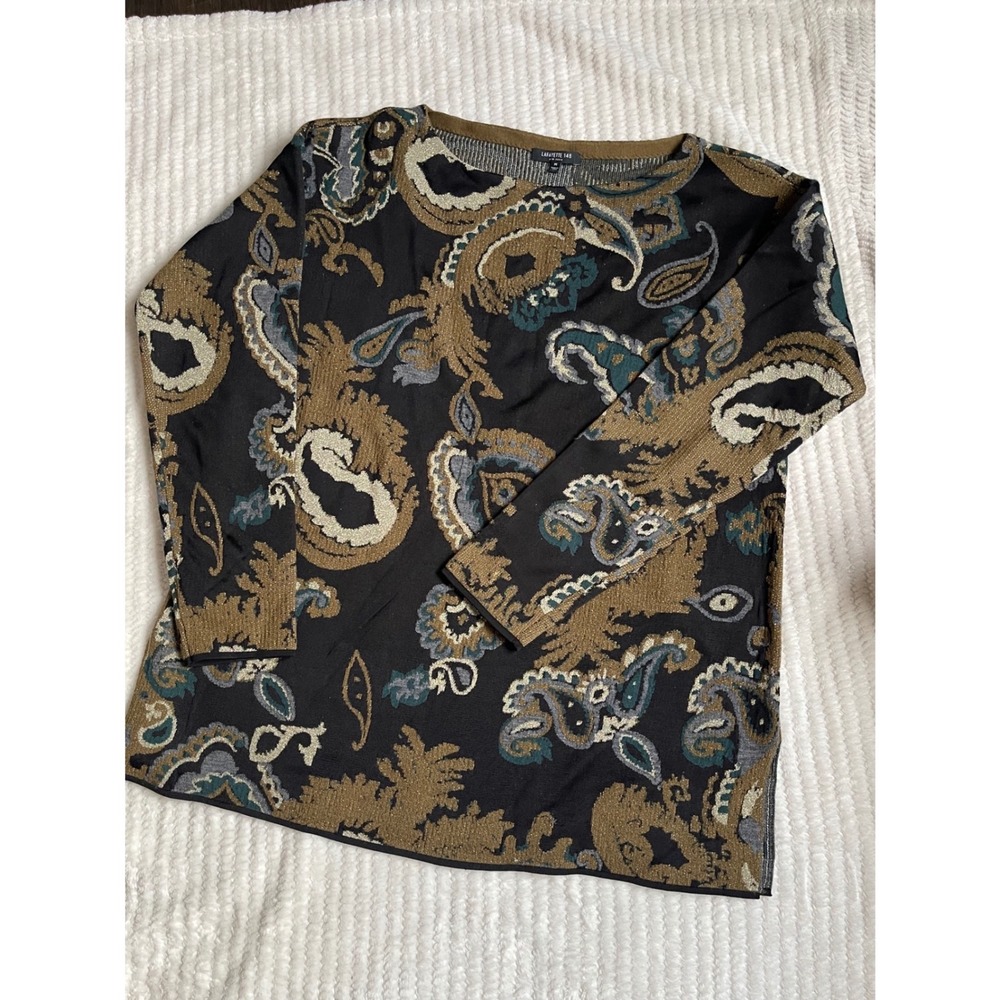 Lafayette 148 New York Metallic Intarsia Knit Top Bronze Black Teal Womens Med